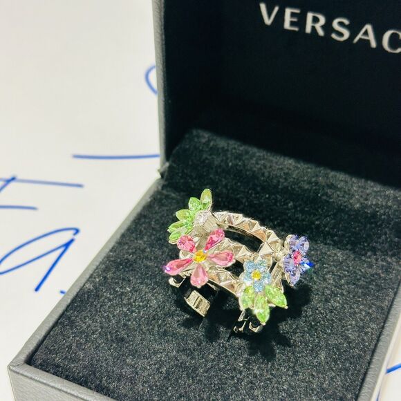 NIB Versace Silver Tone Ring 15 US 7 Greca Multi Color Crystal Flower Bloom $675 - Picture 8 of 14